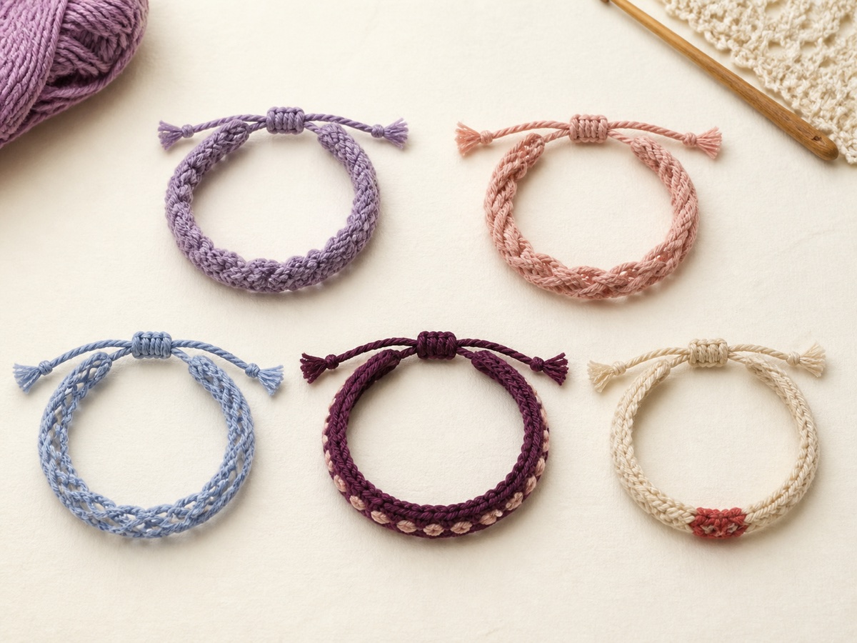Made-to-order design reference for five braided and crocheted yarn bracelets with adjustable ties