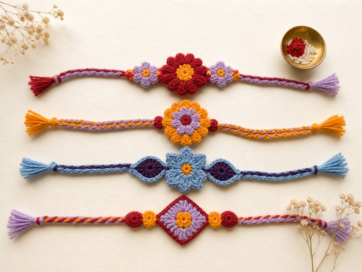Made-to-order design reference for four crochet rakhis with floral yarn motifs and braided ties