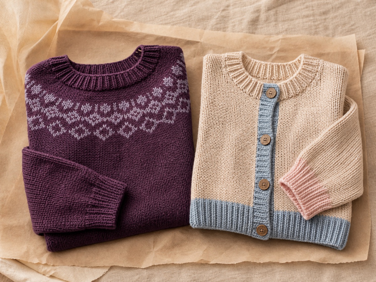 Made-to-order design reference for a plum knitted crewneck and a paper-colored cardigan with blue and blush details