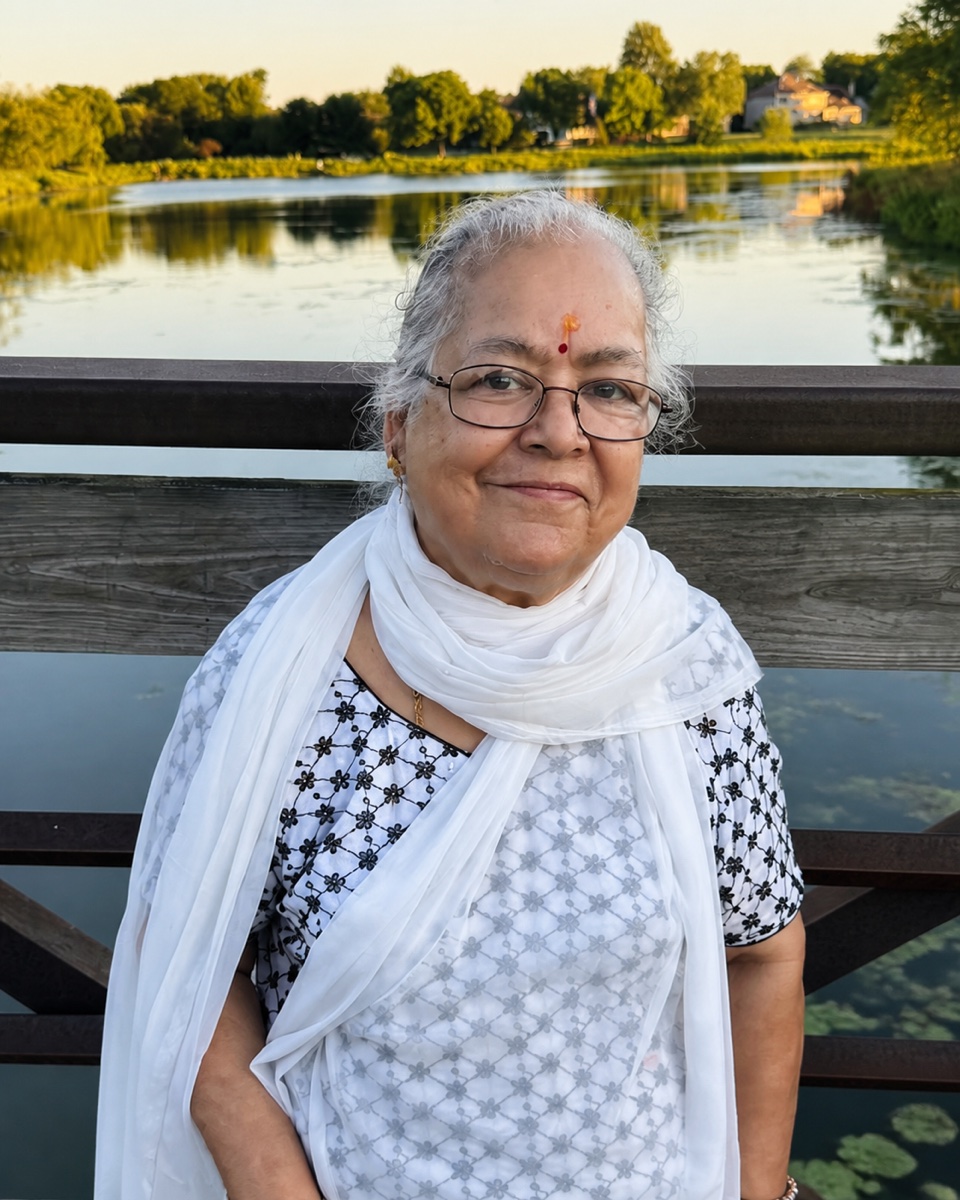 Madhu smiling on a wooden bridge beside a pond