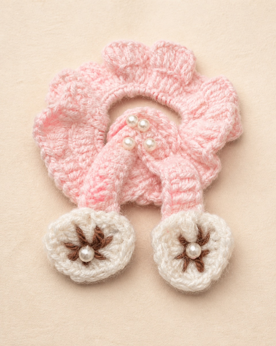 Blush-pink ruffled yarn accessory with two cream flower details, brown stitched centers, and round white bead accents