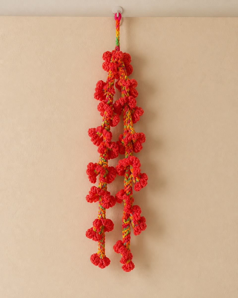 Styled view of Madhu's coral-red yarn hanging with green, yellow, orange, and pink braided cords and plush ruffled details, suspended vertically