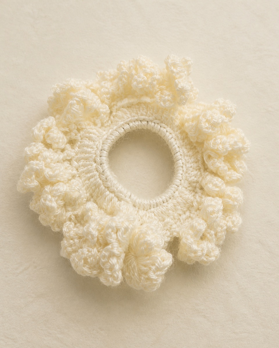 Cream crochet scrunchie with a wrapped center ring and layered ruffled loops